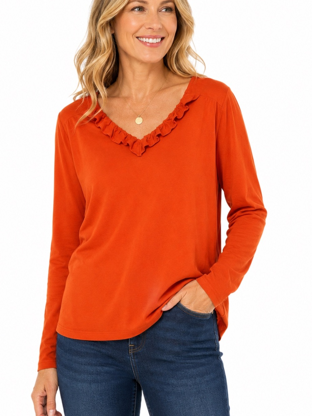 Lands’ End Orange Ruffle V-Neck Long Sleeve Cotton Top Women’s Plus 1X 16W–18W